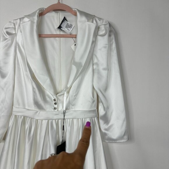 FLAW - NWT Mac Duggal Satin Lapel A-Line Blazer Mini Dress White 2 #A0185 - Picture 4 of 12